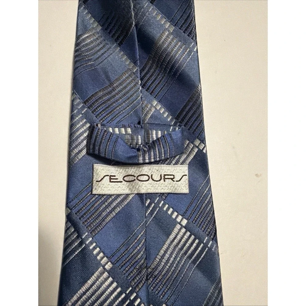 Secours Mens Silk Necktie Blue Silver Geometric Plaid Hand Made Formal Tie